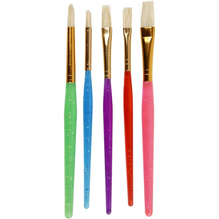 Kwasten voor Kinderen, 8+12+18, L: 14-16 cm, B: 5-10 mm, plat,rond, diverse kleuren, 5stuk/ 1 doos