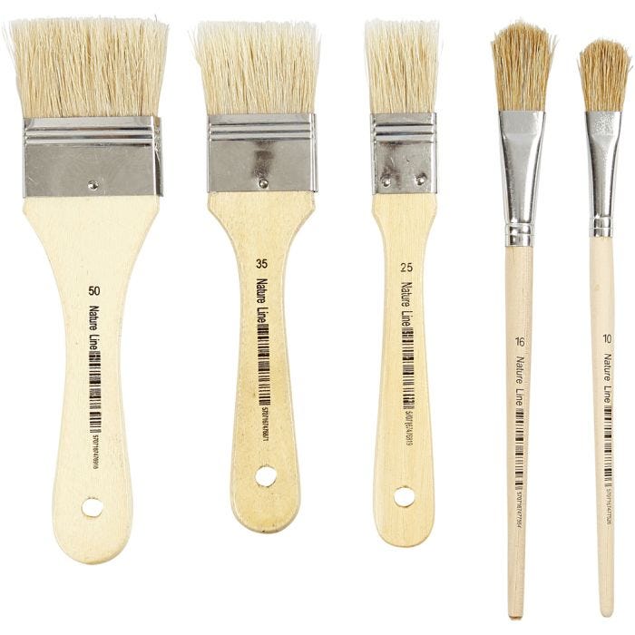 Vernis kwasten, 10+16+25+35+50, L: 18,5-21,5 cm, B: 13-50 mm, plat, 10stuk/ 1 doos