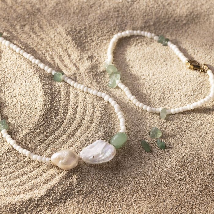 Armband en halsketting met aventurijn en zoetwaterparels