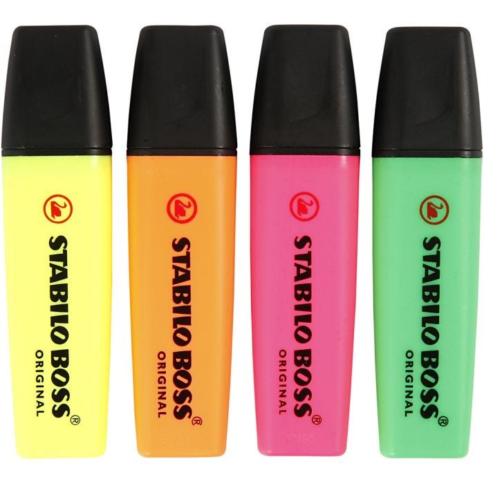 Markeerstiften, neon groen, neon oranje, neon roze, neon geel, 4 stuk/ 1 doos