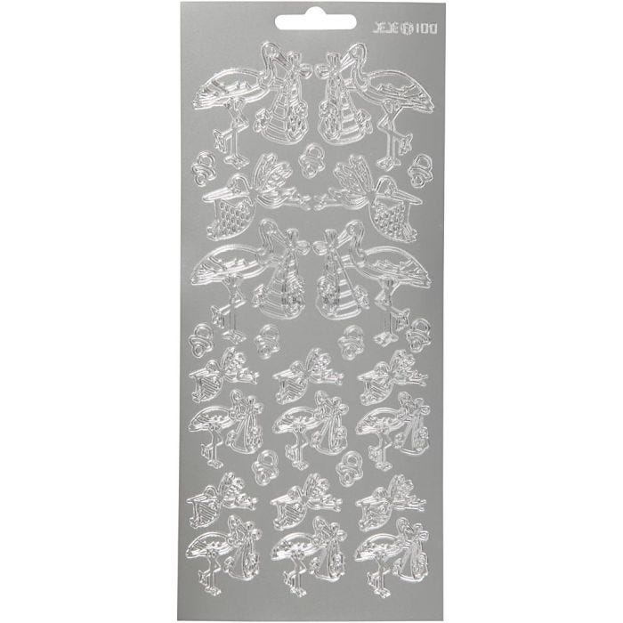 Stickers, ooievaar met baby, vel 10x23 cm, zilver, 1 vel