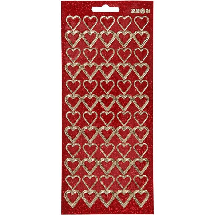 Stickers, harten, vel 10x23 cm, goud, rood glitter, 1 vel