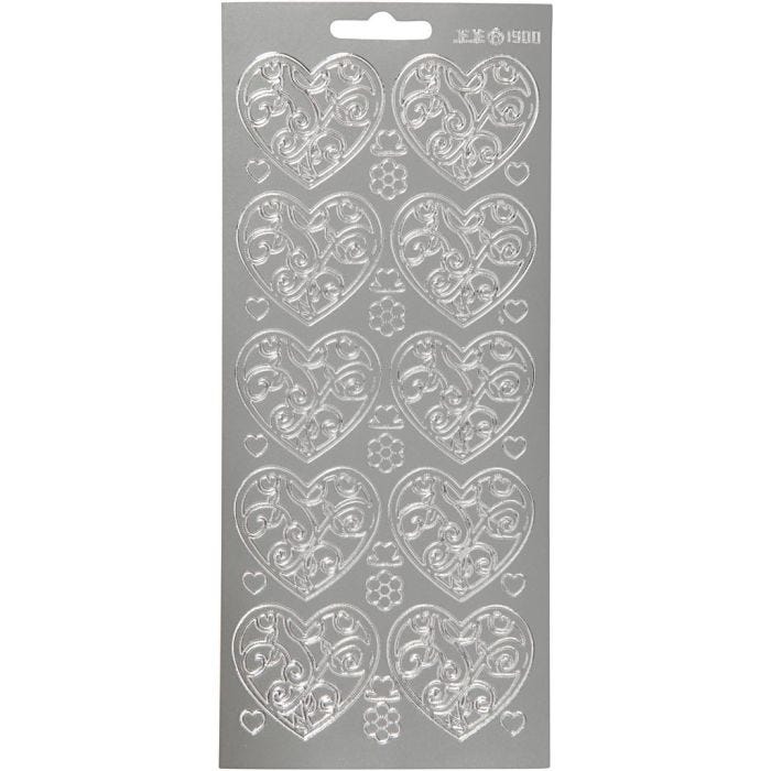 Stickers, harten, vel 10x23 cm, zilver, 1 vel