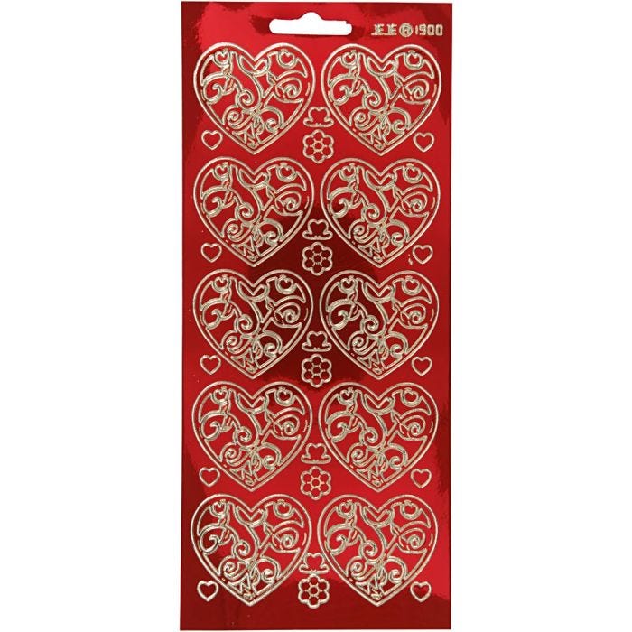 Stickers, harten, vel 10x23 cm, goud, transparant rood, 1 vel