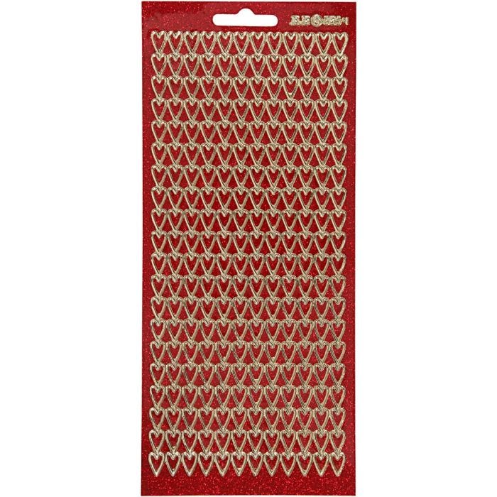 Stickers, harten, vel 10x23 cm, goud, rood glitter, 1 vel