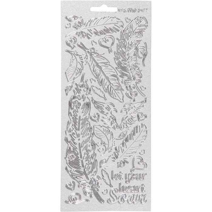 Stickers, veren, vel 10x23 cm, zilver, 1 vel