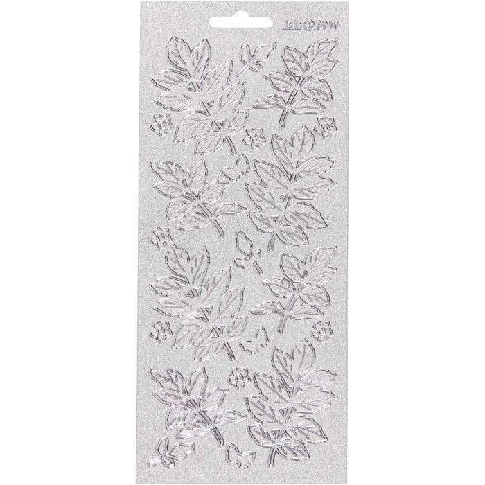 Stickers, bladeren, vel 10x23 cm, zilver, 1 vel