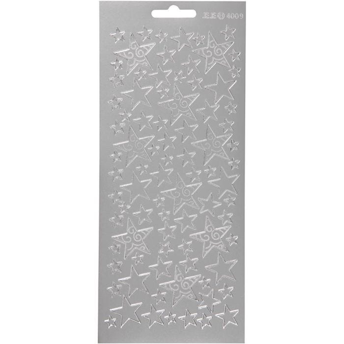 Stickers, sterren, vel 10x23 cm, zilver, 1 vel
