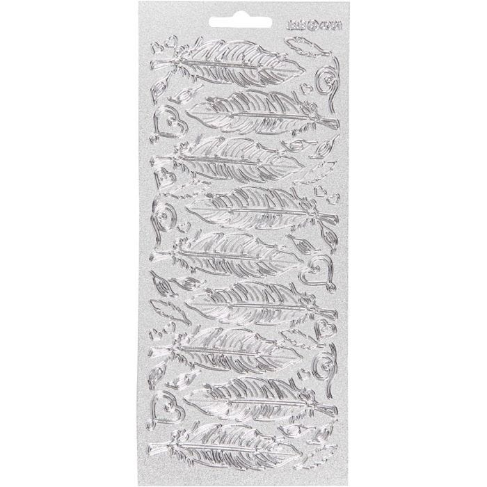 Stickers, veren, vel 10x23 cm, zilver, 1 vel