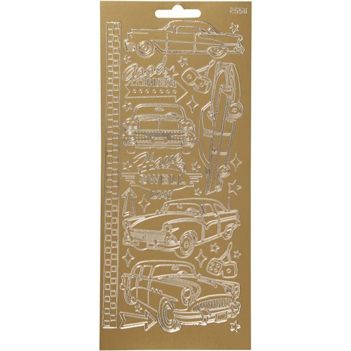 Stickers, auto's, vel 10x23 cm, goud, 1 vel