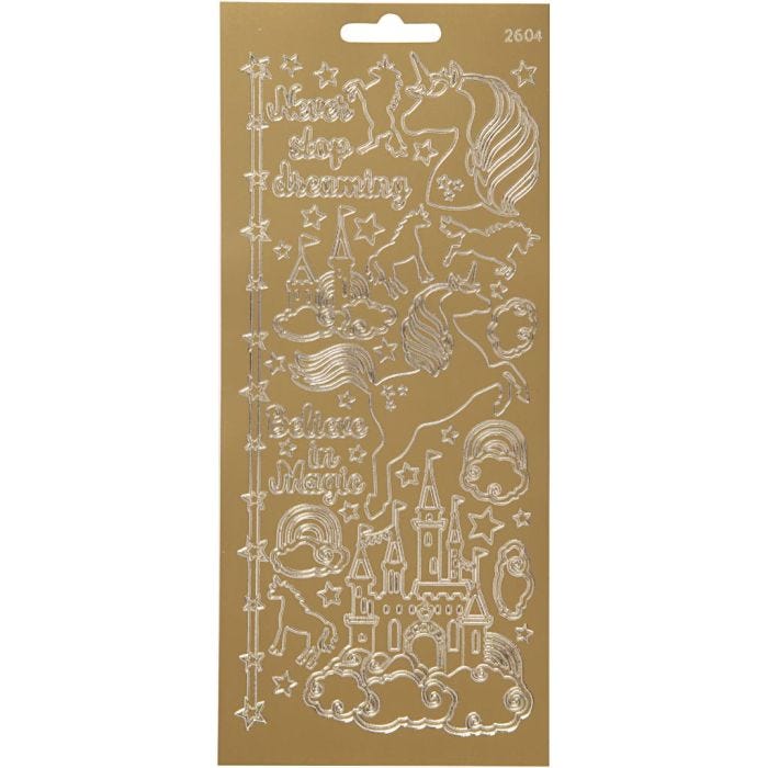 Stickers, unicorn, vel 10x23 cm, goud, 1 vel