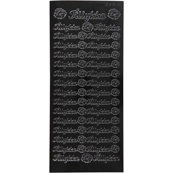 Stickers, tillykke, vel 10x23 cm, zwart, 1 vel
