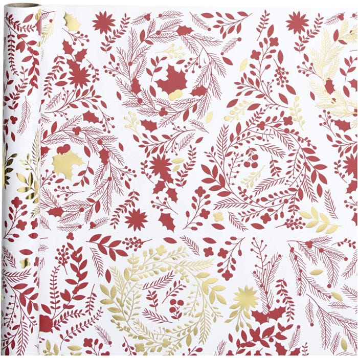Inpakpapier, kerstbomen, B: 50 cm, 80 gr, goud, rood, wit, 3 m/ 1 rol