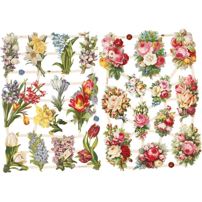 Vintage plaatjes, lentebloemen, vel 16,5x23,5 cm, 2 vel/ 1 doos