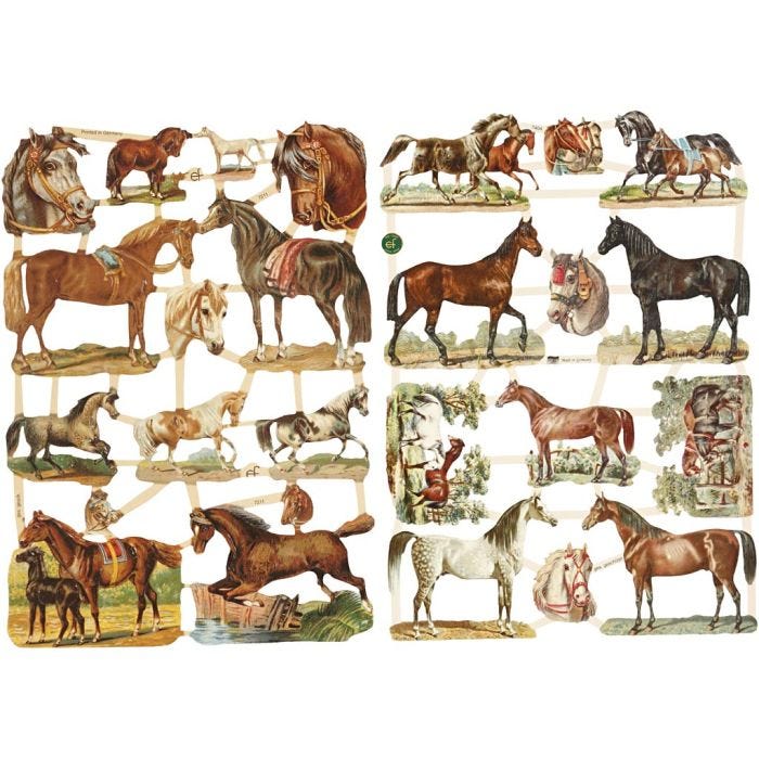Vintage plaatjes, paarden, vel 16,5x23,5 cm, 2 vel/ 1 doos