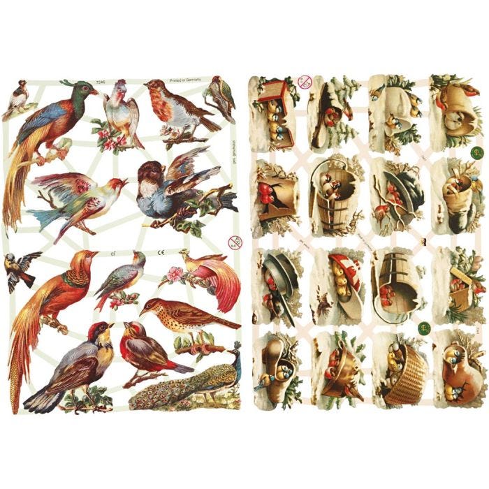 Vintage plaatjes, vogels, vel 16,5x23,5 cm, 2 vel/ 1 doos