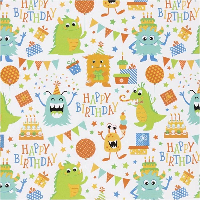 Inpakpapier, Verjaardag, B: 50 cm, 80 gr, vrolijke kleuren, 5 m/ 1 rol