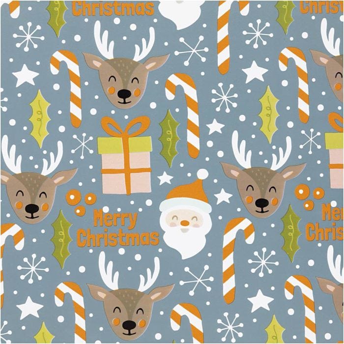 Inpakpapier, Kerstman, kerstcadeau, lolly, rendier, B: 50 cm, 80 gr, grijs, 100 m/ 1 rol