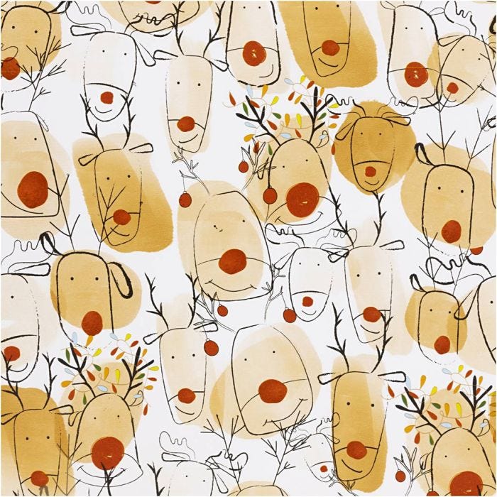 Inpakpapier, Rendieren, B: 50 cm, 80 gr, beige, rood, 100m/ 1 rol