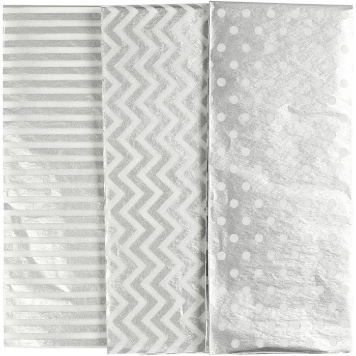 Tissuepapier, vel 50x70 cm, 17 gr, zilver, 6vel/ 1 doos
