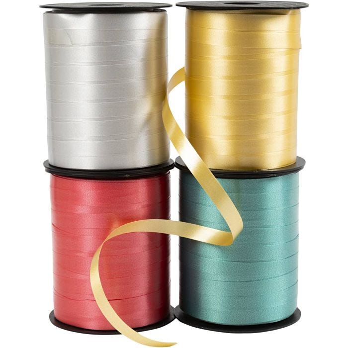 Cadeaulint, B: 10 mm, glossy, goud, groen, rood, zilver, 4x250 m/ 1 doos