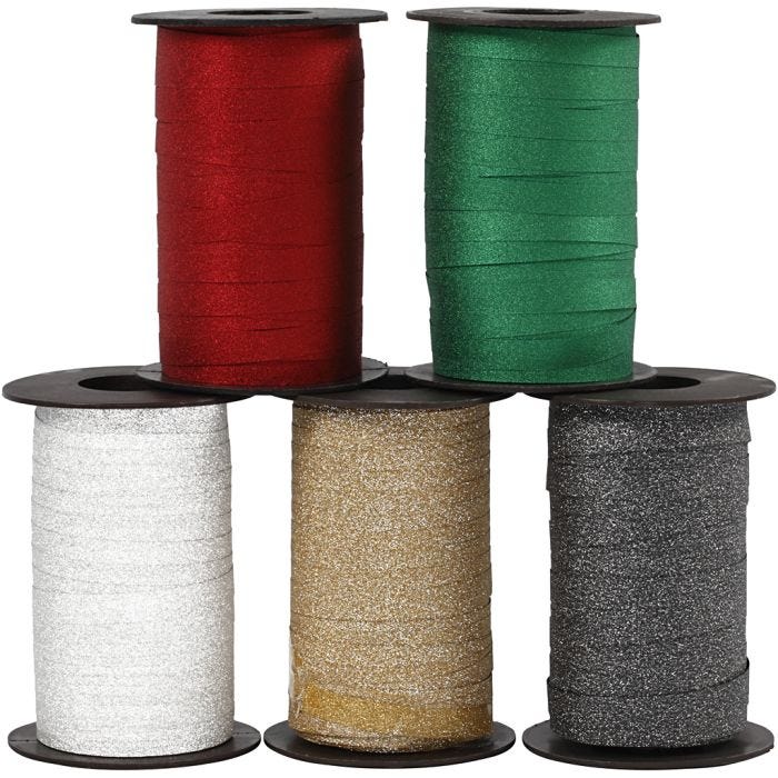 Cadeaulint, B: 10 mm, glitter, diverse kleuren, 5x100 m/ 1 doos