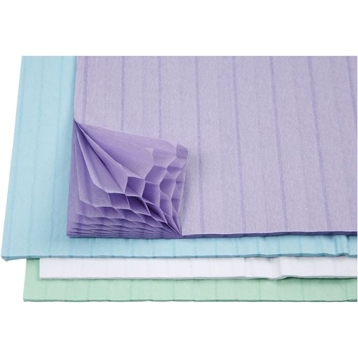 Honingraat papier, vel 28x17,8 cm, lichtblauw, groen, paars, wit, 4x2vel/ 1 doos
