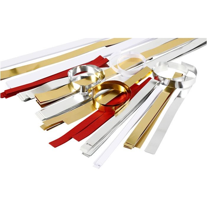 Vlechtstroken, L: 44+78 cm, d 4,5+6,5+11,5 cm, B: 10+15+25 mm, Inhoud kan variëren , goud, rood, zilver, wit, 5000 stroken/ 1 doos