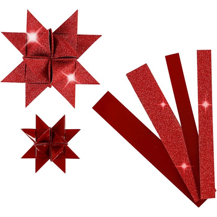Papieren vlechtstroken, L: 44+78 cm, B: 15+25 mm, d 6,5+11,5 cm, glitter,vernis, rood, 40 stroken/ 1 doos