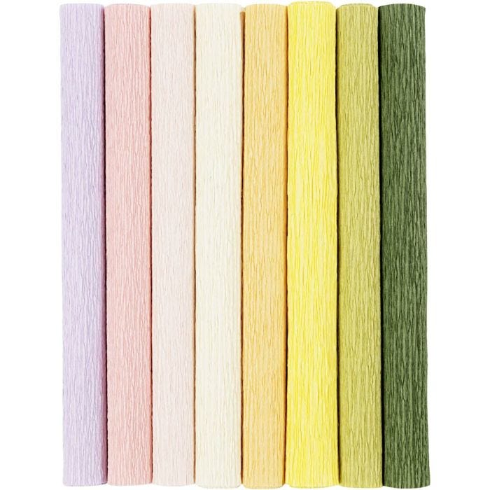Crêpepapier, vel 25x60 cm, Crêpe-verhouding: 180%, 105 gr, pastelkleuren, 8 vel/ 1 doos