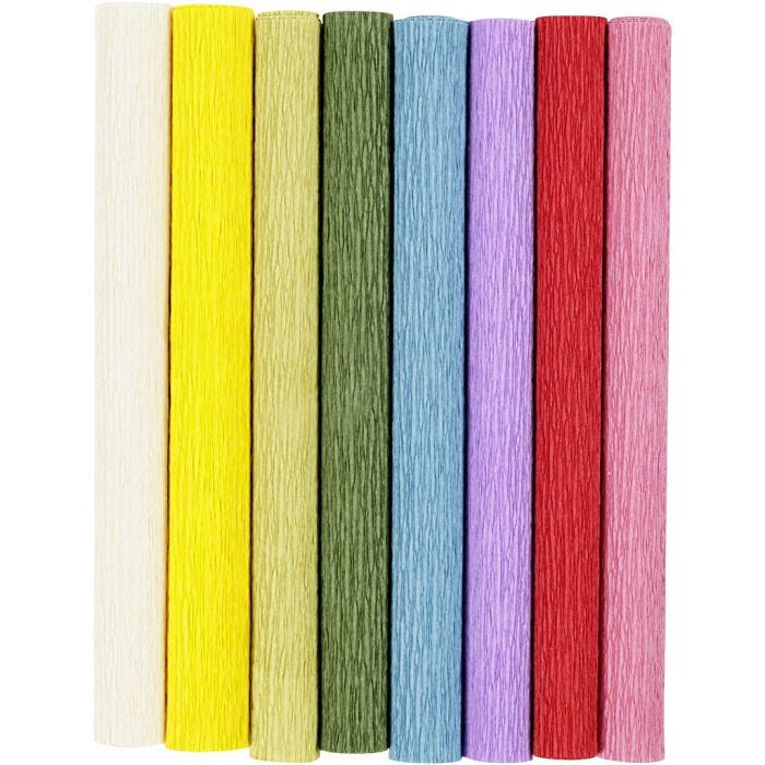 Crêpepapier, vel 25x60 cm, Crêpe-verhouding: 180%, 105 gr, standaardkleuren, 8 vel/ 1 doos