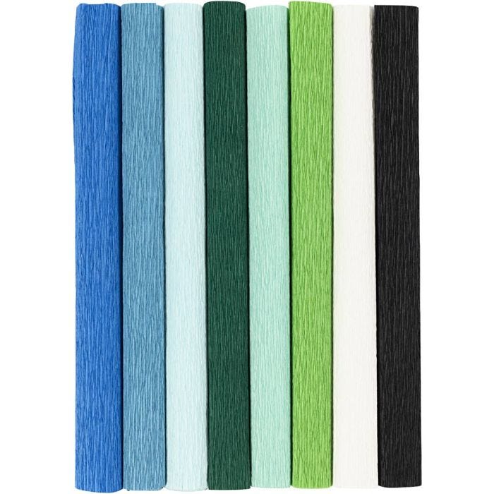 Crêpepapier, vel 25x60 cm, Crêpe-verhouding: 180%, 105 gr, blauw/groen harmonie, 8 vel/ 1 doos