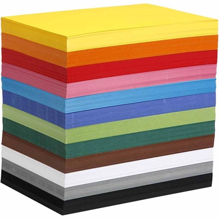 Gekleurd karton, A4, vel 210x297 mm, 180 gr, diverse kleuren, 1200 div vellen/ 1 doos