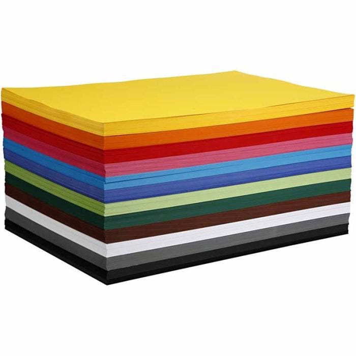 Gekleurd karton, A2, vel 420x594 mm, 180 gr, diverse kleuren, 120 div vellen/ 1 doos