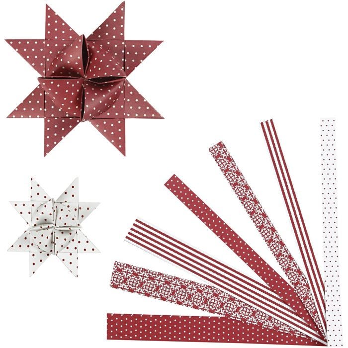 Papieren vlechtstroken, L: 44+78 cm, B: 15+25 mm, d 6,5+11,5 cm, rood, wit, 60 stroken/ 1 doos