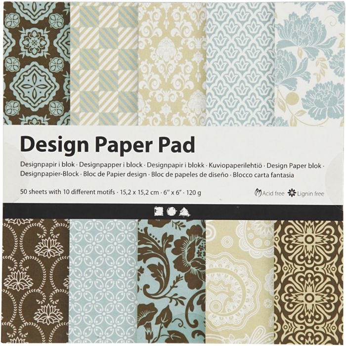 Design papierblok, vel 15,2x15,2 cm, 120 gr, lichtblauw, bruin, 50 vel/ 1 doos