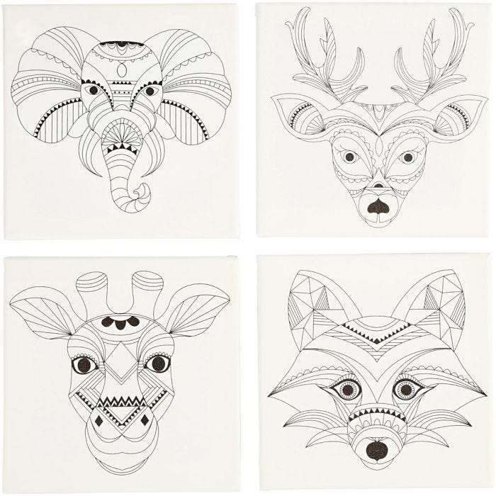 Canvas met print, dieren, afm 20x20 cm, 280 gr, wit, 4 stuk/ 1 doos