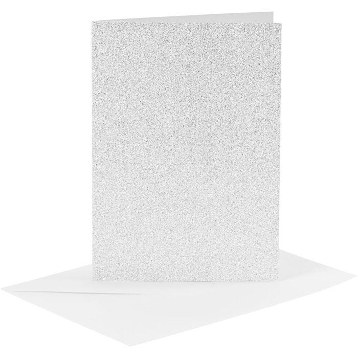 Kaarten en enveloppen, afmeting kaart 10,5x15 cm, afmeting envelop 11,5x16,5 cm, glitter, 120+250 gr, zilver, 4 set/ 1 doos