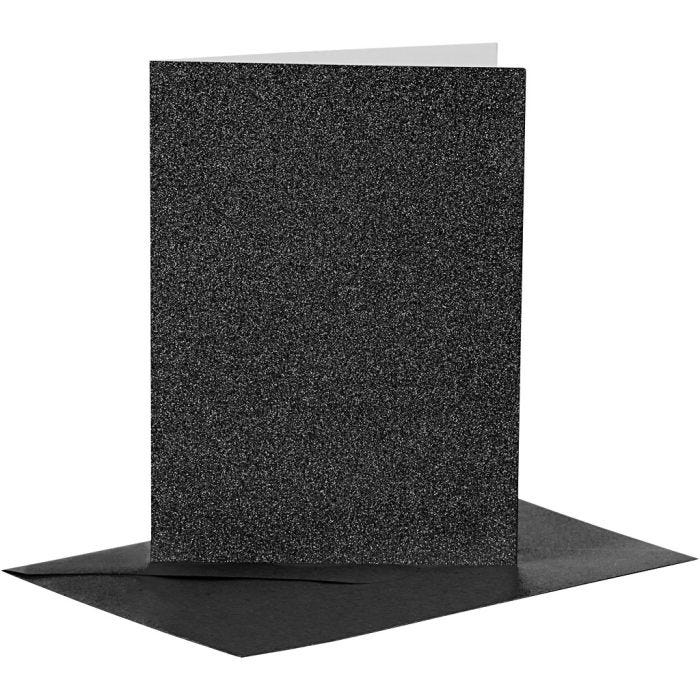 Kaarten en enveloppen, afmeting kaart 10,5x15 cm, afmeting envelop 11,5x16,5 cm, glitter, 110+250 gr, zwart, 4 set/ 1 doos