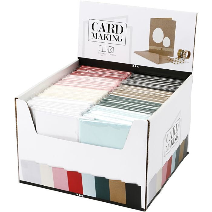 Kaarten en enveloppen, afmeting kaart 12,7x17,8 cm, afmeting envelop 13,3x18,5 cm, 230 gr, diverse kleuren, 8x10doos/ 1 doos
