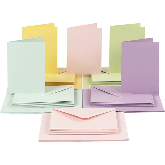 Kaarten en enveloppen, afmeting kaart 10,5x15 cm, afmeting envelop 11,5x16,5 cm, 110+220 gr, pastelkleuren, 50 set/ 1 doos