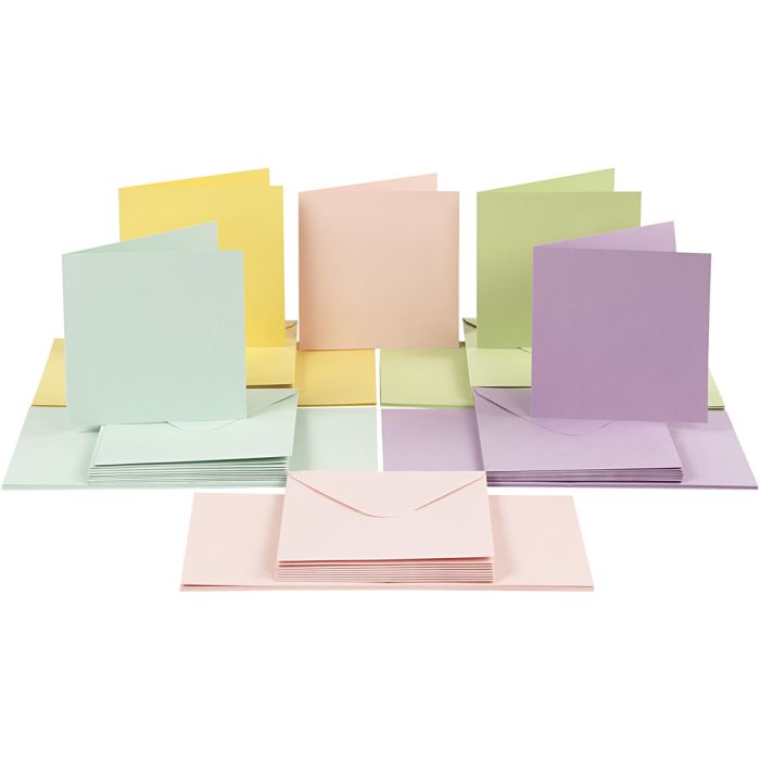 Kaarten en enveloppen, afmeting kaart 15x15 cm, afmeting envelop 16x16 cm, 110+220 gr, pastelkleuren, 50 set/ 1 doos