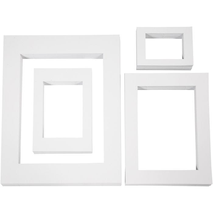 Passepartout lijsten, A3,A4,A5,A6, afm 13,4x18,9+19,7x27,9+28,3x36,6+39,5x49,6 cm, 500 gr, wit, 4x100stuk/ 1 doos