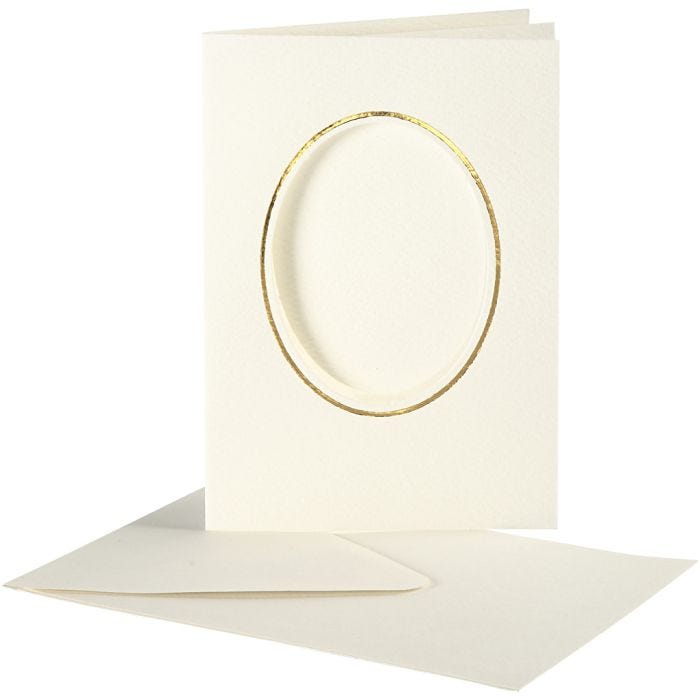 Passepartout kaarten , ovaal met gouden rand, afmeting kaart 10,5x15 cm, afmeting envelop 11,5x16,5 cm, off-white, 10 set/ 1 doos