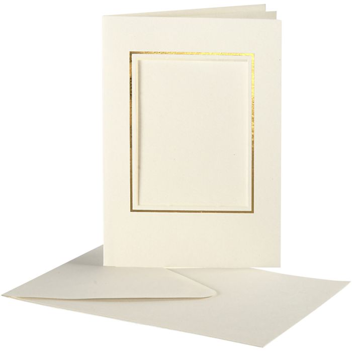 Passepartout kaarten , rechthoek met gouden rand, afmeting kaart 10,5x15 cm, afmeting envelop 11,5x16,5 cm, off-white, 10 set/ 1 doos