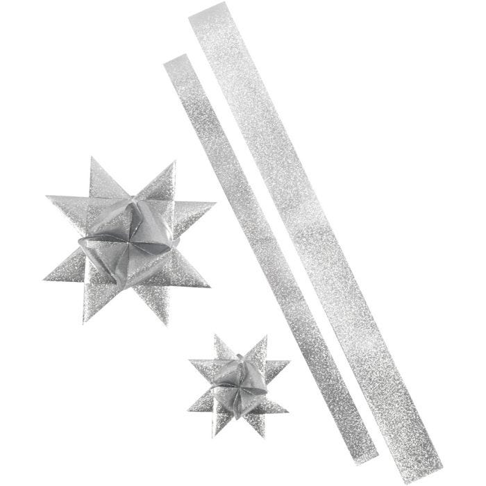 Sterstroken, L: 86+100 cm, B: 25+40 mm, d 11,5+18,5 cm, glitter zilver, 16stroken/ 1 doos