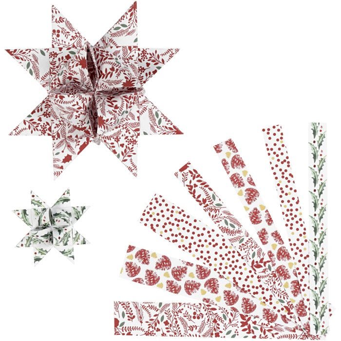 Papieren vlechtstroken, L: 44+78 cm, B: 15+25 mm, d 6,5+11,5 cm, rood, wit, 48stroken/ 1 doos