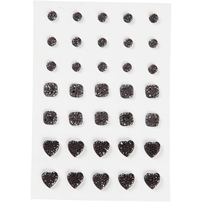 Strasstenen, rond, vierkant, hart, afm 6+8+10 mm, zwart, 35 stuk/ 1 doos