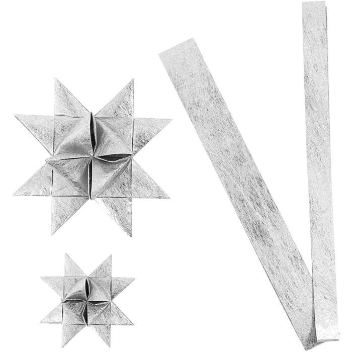 Papieren vlechtstroken, L: 44+78 cm, d 6,5+11,5 cm, B: 15+25 mm, zilver, 32stroken/ 1 doos
