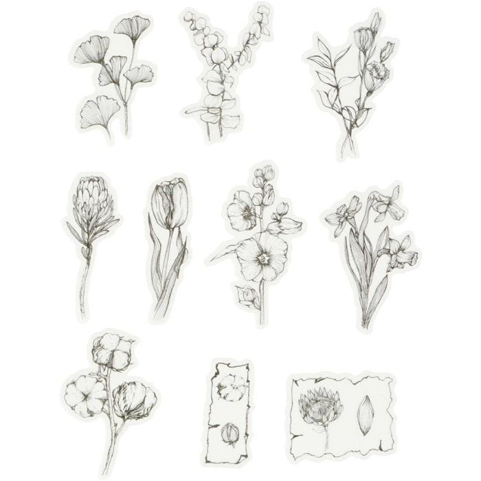 Masking Tape stickers, zwart/wit bloemen, afm 30-50 mm, 30 stuk/ 1 doos